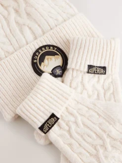 Superdry Cream Pom Hat and Gloves Set