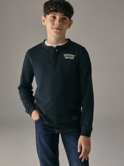 Superdry Navy Long Sleeve Henley T-Shirt