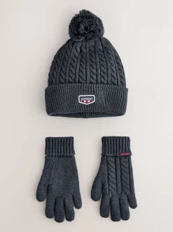 Superdry Navy Pom Hat and Gloves Set