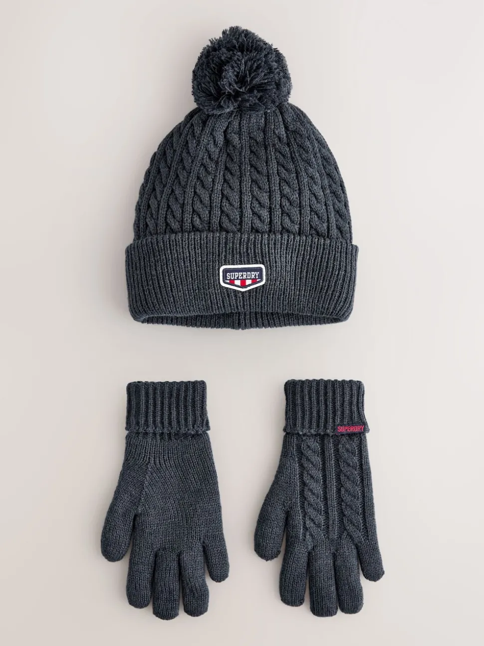Superdry Navy Pom Hat and Gloves Set