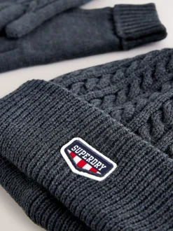 Superdry Navy Pom Hat and Gloves Set