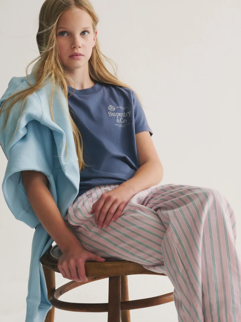 Superdry Pink/Blue T-Shirt and Stripe Trouser Set