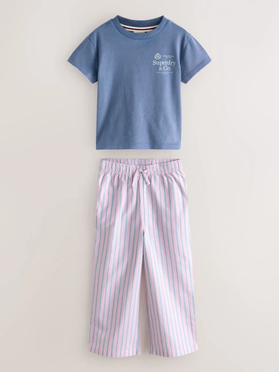 Superdry Pink/Blue T-Shirt and Stripe Trouser Set