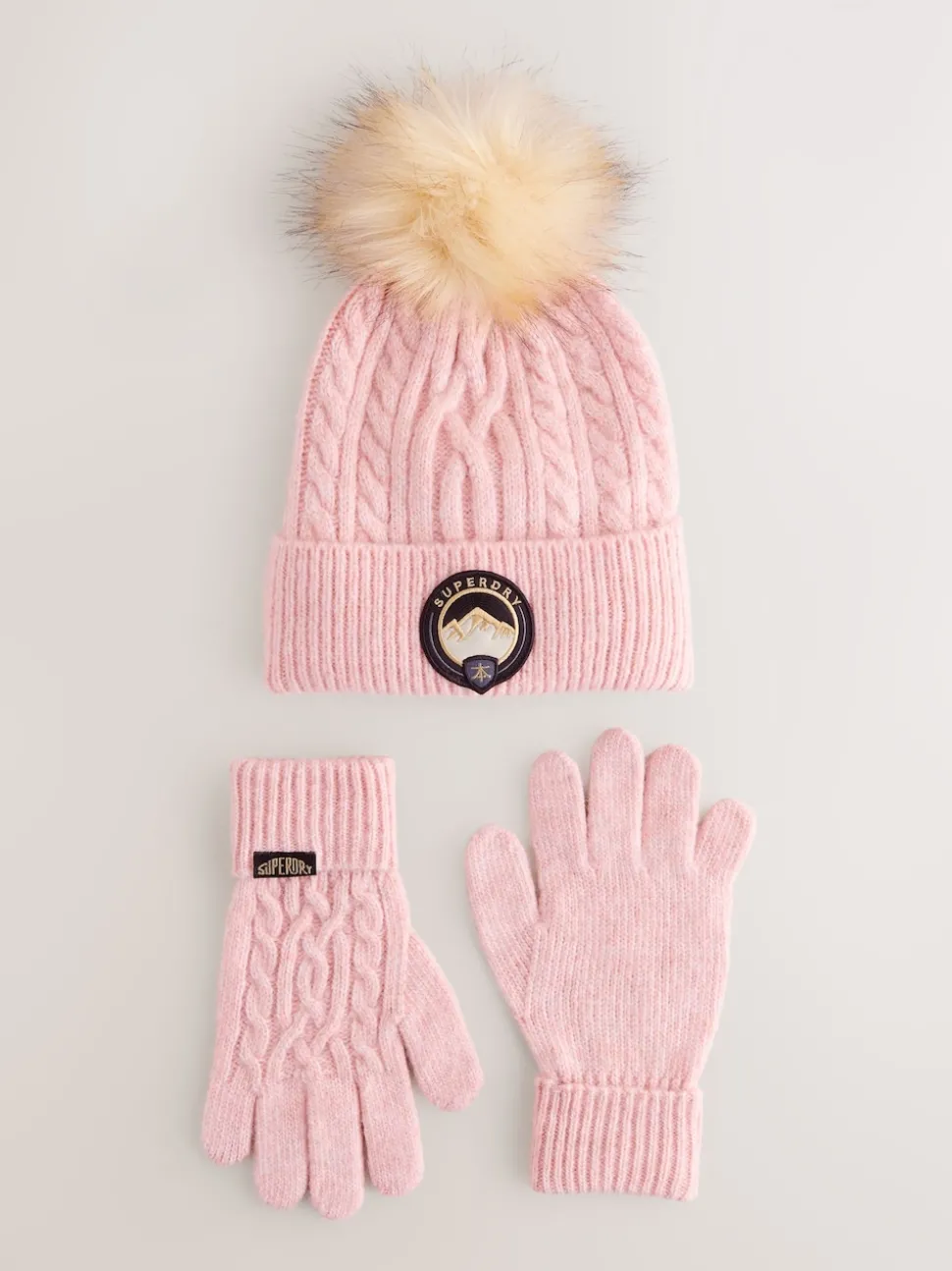 Superdry Pink Pom Hat and Gloves Set