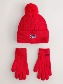 Superdry Red Pom Hat and Gloves Set