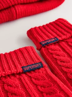 Superdry Red Pom Hat and Gloves Set