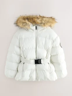 Superdry White Belted Puffer Coat