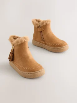 Tan Brown Faux Fur Lined Zip Ankle Boots