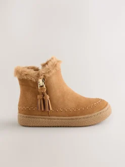 Tan Brown Faux Fur Lined Zip Ankle Boots
