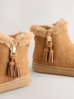 Tan Brown Faux Fur Lined Zip Ankle Boots