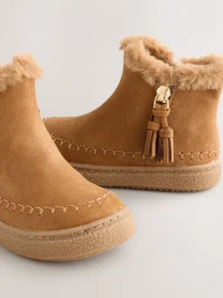 Tan Brown Faux Fur Lined Zip Ankle Boots