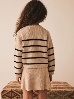 Tan Brown Knitted Stripe Jumper and Skirt Set (3-16yrs)