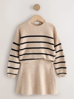 Tan Brown Knitted Stripe Jumper and Skirt Set (3-16yrs)