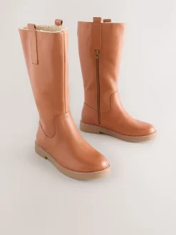 Tan Brown Leather Tall Boots