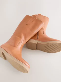 Tan Brown Leather Tall Boots