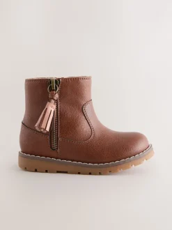 Tan Brown Standard Fit (F) Chelsea Zip Tassel Ankle Boots