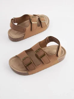 Tan Brown Standard Fit (F) Double Buckle Cushioned Footbed Sandals