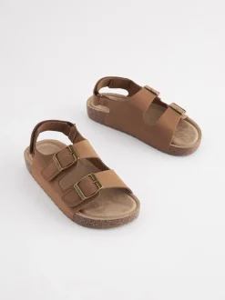 Tan Brown Standard Fit (F) Double Buckle Cushioned Footbed Sandals