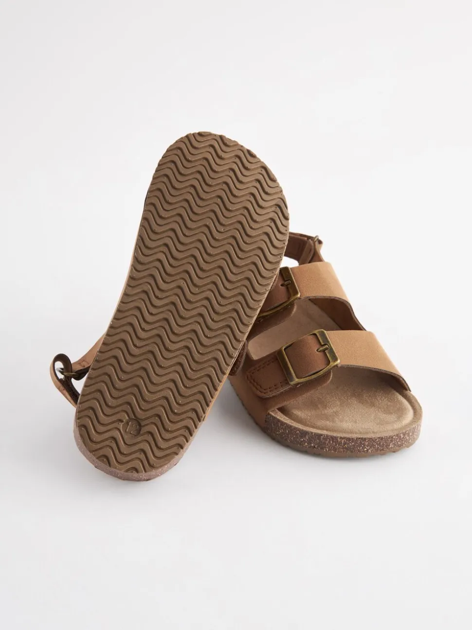 Tan Brown Standard Fit (F) Double Buckle Cushioned Footbed Sandals