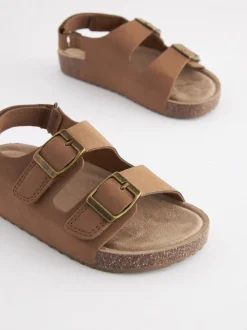 Tan Brown Standard Fit (F) Double Buckle Cushioned Footbed Sandals