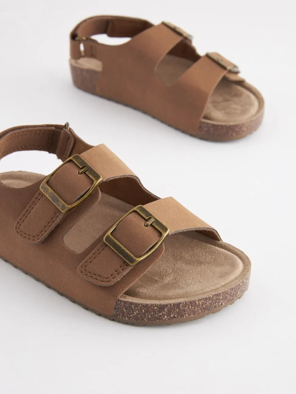 Tan Brown Standard Fit (F) Double Buckle Cushioned Footbed Sandals