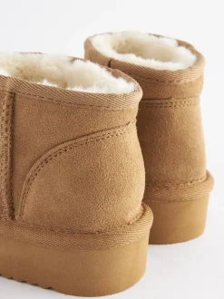 Tan Brown Standard Fit (F) Flatform Mini Warm Lined Water Repellent Suede Pull-On Boots