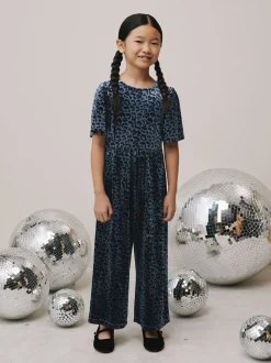 Teal Blue Animal Print Velour Jumpsuit (3-16yrs)