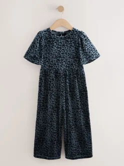 Teal Blue Animal Print Velour Jumpsuit (3-16yrs)