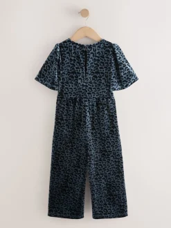 Teal Blue Animal Print Velour Jumpsuit (3-16yrs)