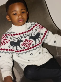 The Little Tailor Kids Cream Festive Fairisle Funnel Neck Christmas Jumper