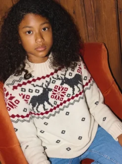 The Little Tailor Kids Cream Festive Fairisle Funnel Neck Christmas Jumper