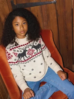 The Little Tailor Kids Cream Festive Fairisle Funnel Neck Christmas Jumper