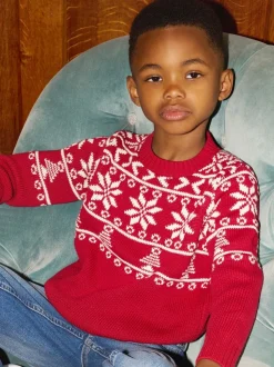 The Little Tailor Kids Red Christmas Half Fairisle Cotton Jumper