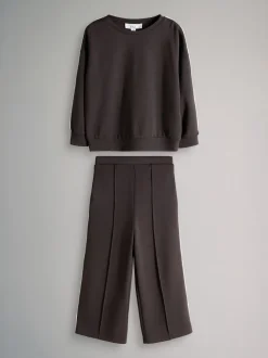 The Set Modal Jersey Crew and Wide Leg Joggers Set Chocolate Brown