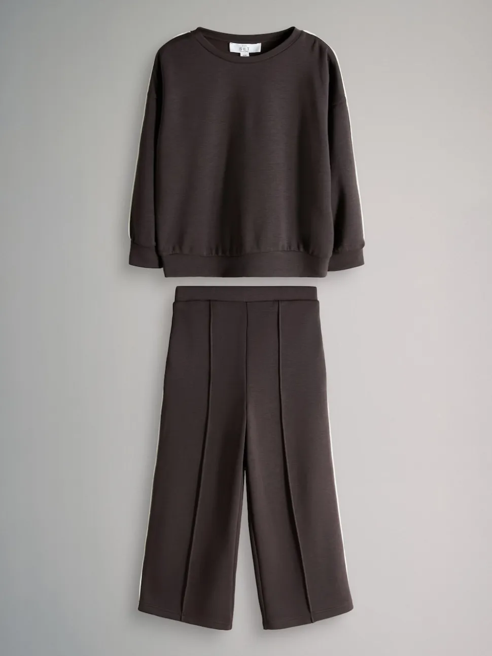 The Set Modal Jersey Crew and Wide Leg Joggers Set Chocolate Brown