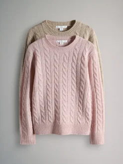The Set 2 Pack Cable Knit Jumpers Pink/Brown