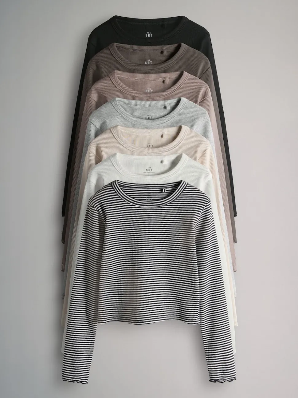 The Set 7 Pack Cotton Rib Long Sleeve Cropped T-Shirts Black/Brown/Grey Marl/Cream