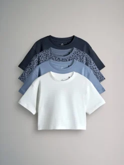 The Set 4 Pack Cropped Oversized Short Sleeve Cotton T-Shirts Navy/Animal/Blue/White