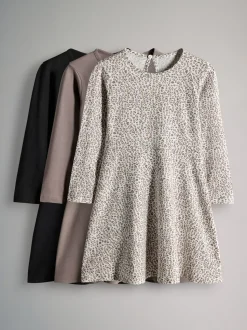 The Set 3 Pack Long Sleeve Skater Cotton Dresses Black/Brown/Grey Marl