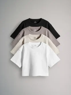The Set 4 Pack Oversized Cropped Short Sleeve Heavyweight Cotton T-Shirts Black/Brown/White