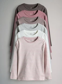 The Set 6 Pack Regular Long Sleeve Cotton T-Shirts Brown/Cream/Pink/Grey Marl