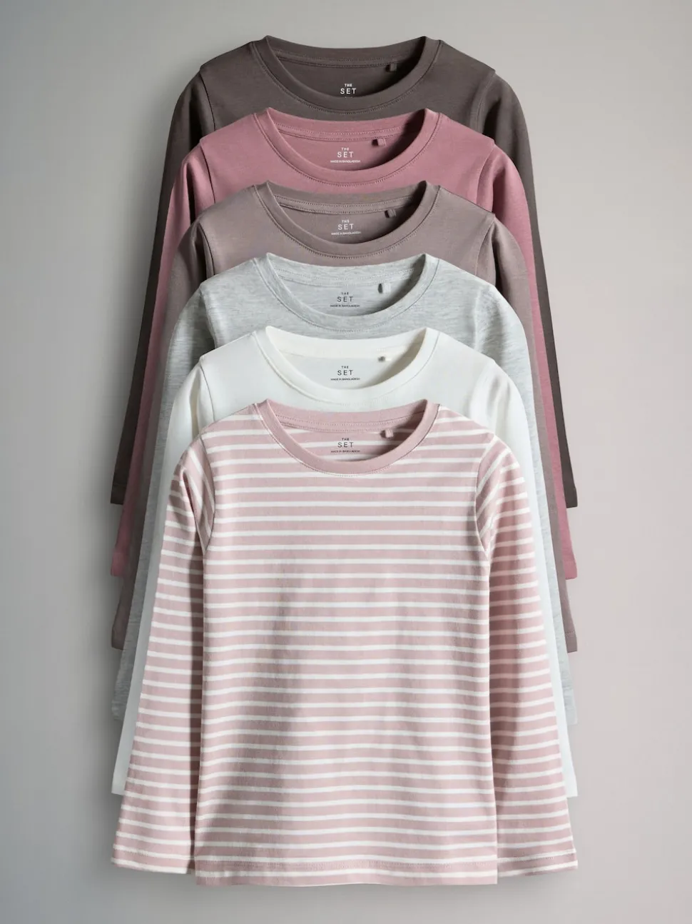 The Set 6 Pack Regular Long Sleeve Cotton T-Shirts Brown/Cream/Pink/Grey Marl