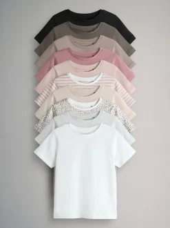The Set 10 Pack Regular Short Sleeve Cotton T-Shirts Black/Brown/Stripe/Pink/Leopard/Cream/White