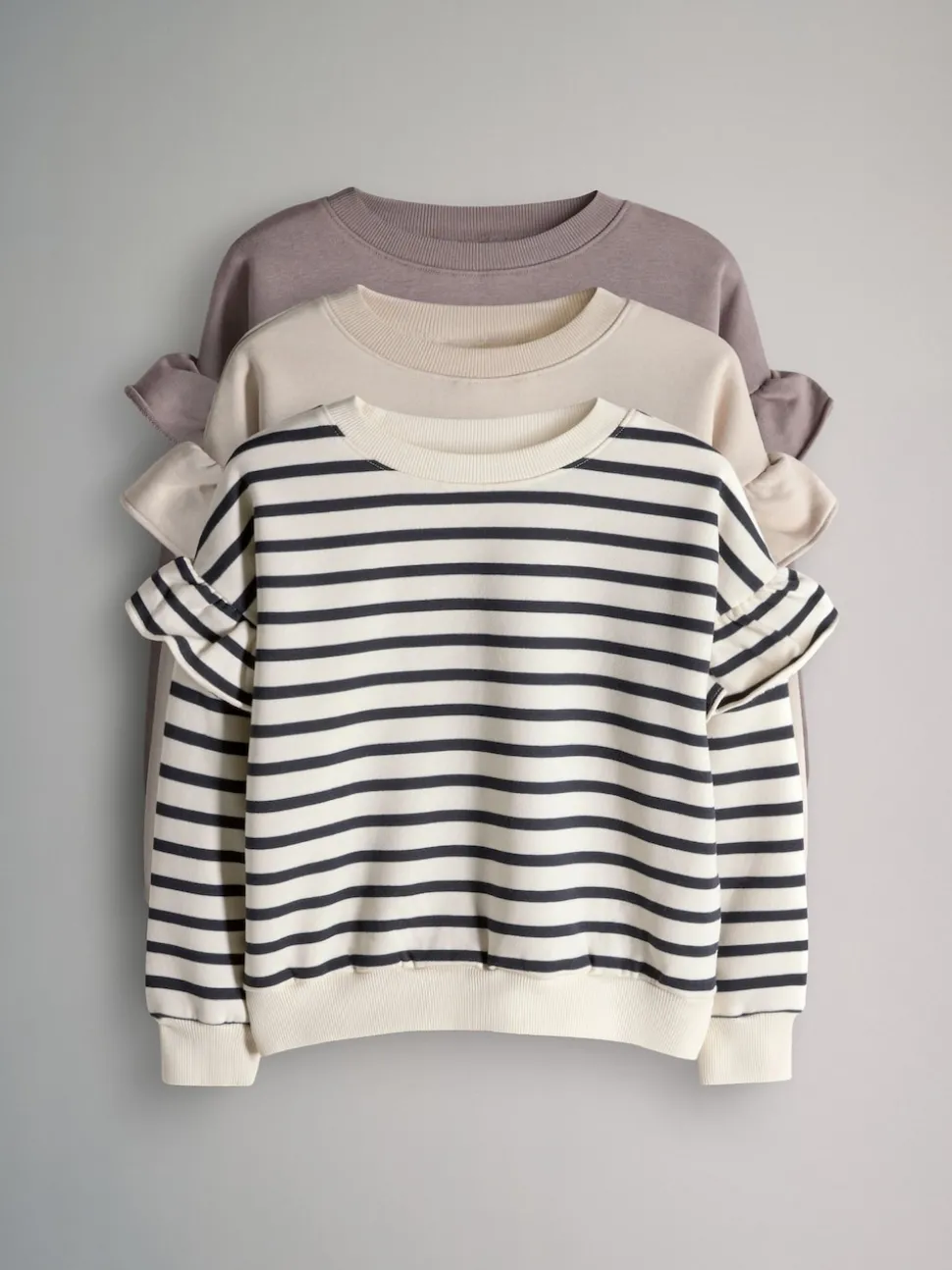 The Set 3 Pack Relaxed Frill Sleeve Sweatshirts Brown/Cream/Stripe