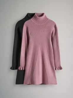 The Set 2 Pack Rib Knit Roll Neck Dresses Black/Pink