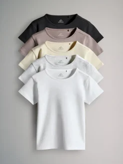 The Set 5 Pack Short Sleeve Crew Neck Cotton T-Shirts Black/Brown/Cream/Grey Marl
