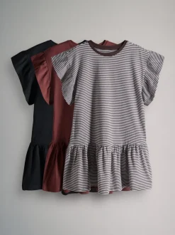 The Set Short Frill Sleeve Drop Waist Jersey Dresses 3 Pack Black/Brown Stripe/Red