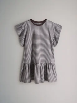 The Set Short Frill Sleeve Drop Waist Jersey Dresses 3 Pack Black/Brown Stripe/Red