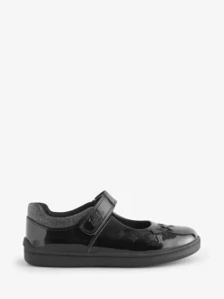 ToeZone Girls Barbie Patent Rip Tape School Black Shoes
