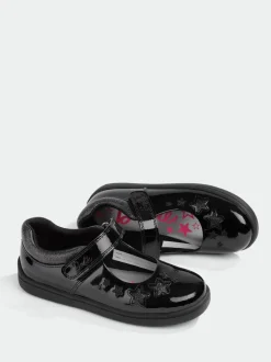 ToeZone Girls Barbie Patent Rip Tape School Black Shoes